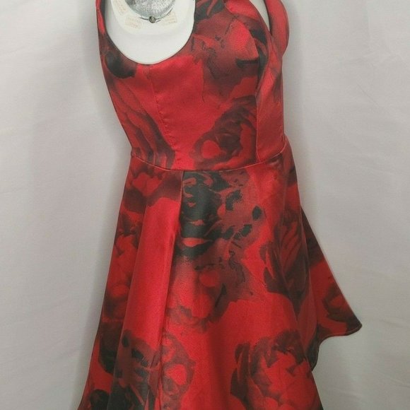 Floral Satin Sleeveless Red Dress - Picture 7 of 11